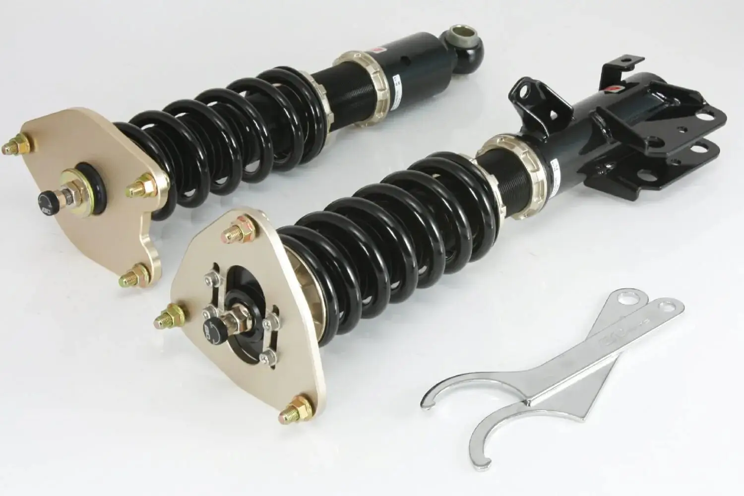 An adjustable coilover suspension kit.