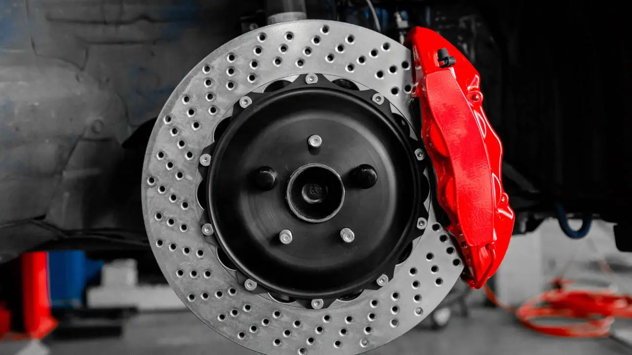 A large performance brake caliper and rotor.