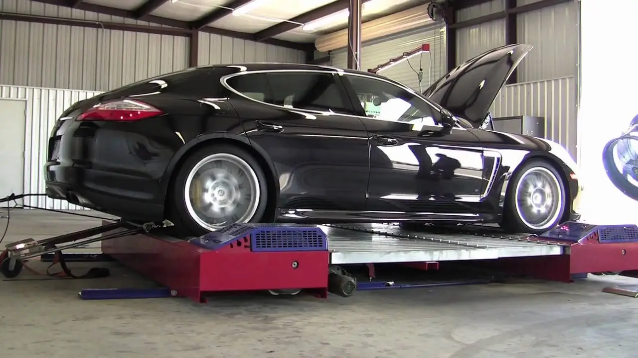 A sports car on a dynamometer for baseline testing.