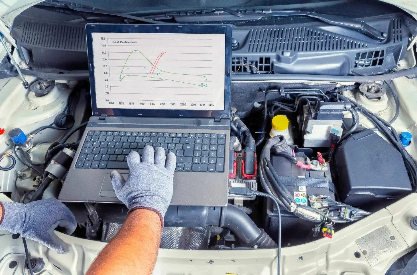 A laptop showing engine data during a calibration session.